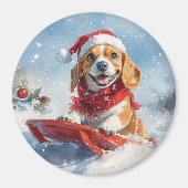 Beagle Dog in Sledge Laat het Sneeuw Kerstmis Magneet (Voorkant)