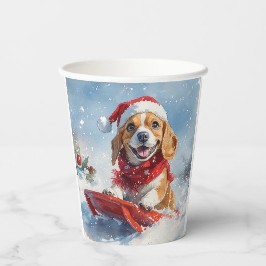 Beagle Dog in Sledge Laat het Sneeuw Kerstmis Papieren Bekers (Achterkant)