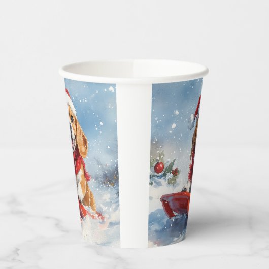 Beagle Dog in Sledge Laat het Sneeuw Kerstmis Papieren Bekers (Links)