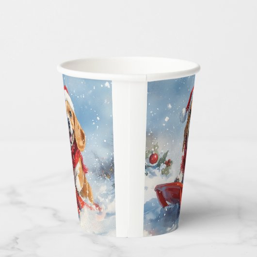 Beagle Dog in Sledge Laat het Sneeuw Kerstmis Papieren Bekers (Rechts)