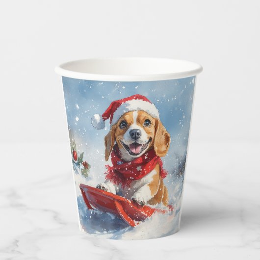 Beagle Dog in Sledge Laat het Sneeuw Kerstmis Papieren Bekers (Voorkant)
