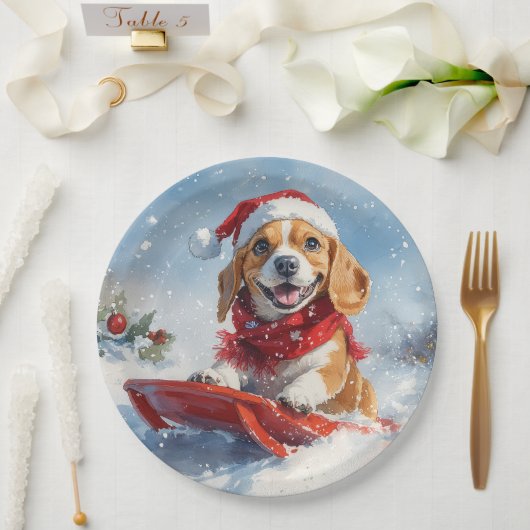 Beagle Dog in Sledge Laat het Sneeuw Kerstmis Papieren Bordje (Huwelijk)
