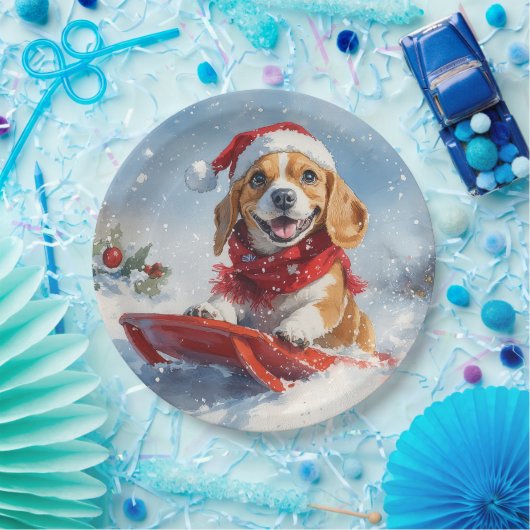 Beagle Dog in Sledge Laat het Sneeuw Kerstmis Papieren Bordje (Feest)