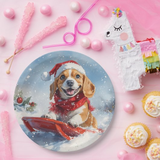 Beagle Dog in Sledge Laat het Sneeuw Kerstmis Papieren Bordje (Feest)