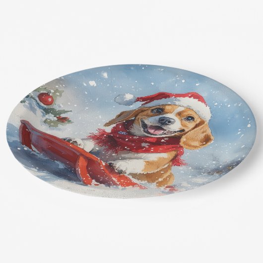 Beagle Dog in Sledge Laat het Sneeuw Kerstmis Papieren Bordje (Gekanteld)