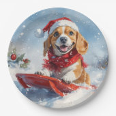 Beagle Dog in Sledge Laat het Sneeuw Kerstmis Papieren Bordje (Voorkant)