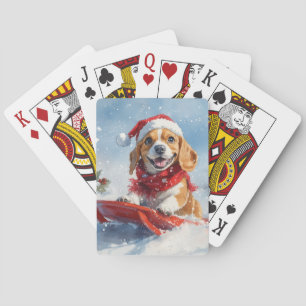 Beagle Dog in Sledge Laat het Sneeuw Kerstmis Pokerkaarten