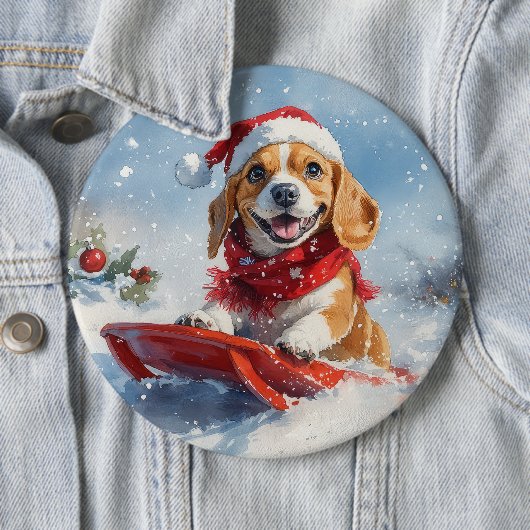 Beagle Dog in Sledge Laat het Sneeuw Kerstmis Ronde Button 6,0 Cm (In situ)