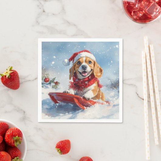Beagle Dog in Sledge Laat het Sneeuw Kerstmis Servet (Insitu)