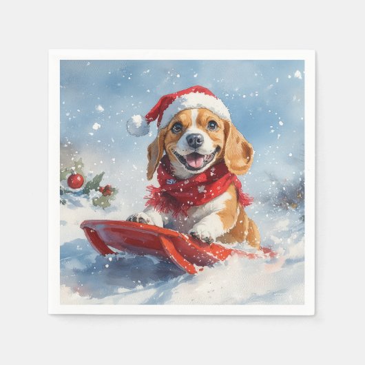 Beagle Dog in Sledge Laat het Sneeuw Kerstmis Servet (Voorkant)