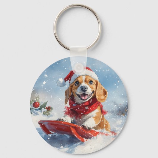 Beagle Dog in Sledge Laat het Sneeuw Kerstmis Sleutelhanger (Voorkant)