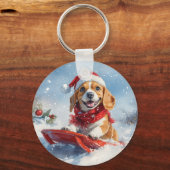 Beagle Dog in Sledge Laat het Sneeuw Kerstmis Sleutelhanger (Achterkant)