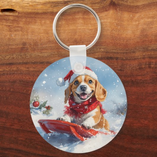 Beagle Dog in Sledge Laat het Sneeuw Kerstmis Sleutelhanger (Achterkant)