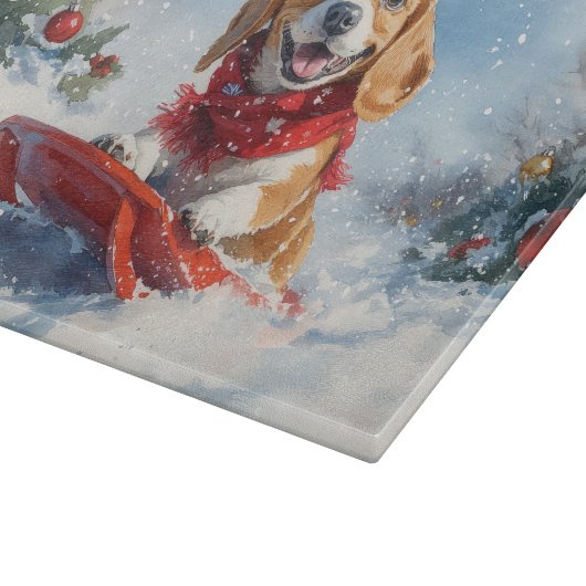 Beagle Dog in Sledge Laat het Sneeuw Kerstmis Snijplank (Hoek)