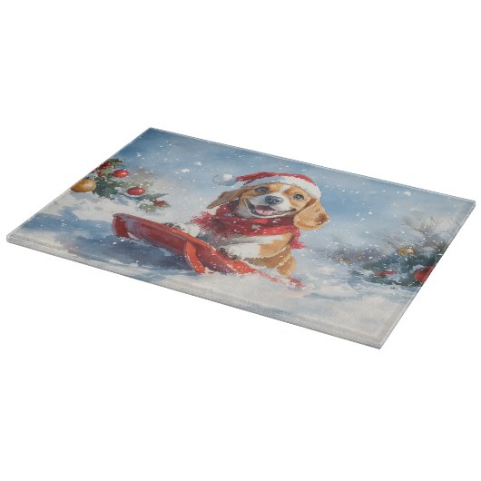 Beagle Dog in Sledge Laat het Sneeuw Kerstmis Snijplank (Hoek)