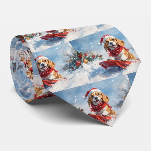 Beagle Dog in Sledge Laat het Sneeuw Kerstmis Stropdas (Opgerold)