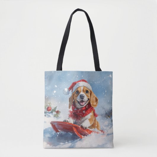 Beagle Dog in Sledge Laat het Sneeuw Kerstmis Tote Bag (Voorkant)