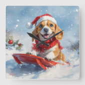 Beagle Dog in Sledge Laat het Sneeuw Kerstmis Vierkante Klok (Voorkant)