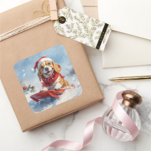 Beagle Dog in Sledge Laat het Sneeuw Kerstmis Vierkante Sticker