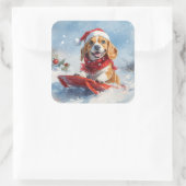 Beagle Dog in Sledge Laat het Sneeuw Kerstmis Vierkante Sticker (Tas)