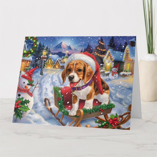 Beagle Dog in Sleigh Sneeuw Kerstmis Kaart (Voorkant)