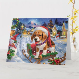 Beagle Dog in Sleigh Sneeuw Kerstmis Kaart
