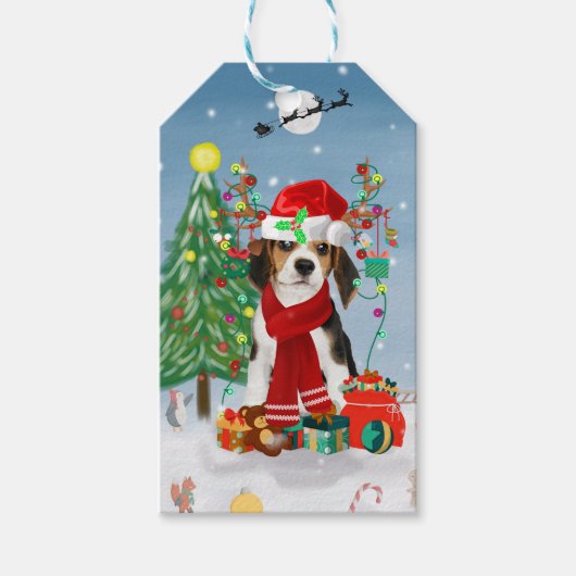 Beagle Dog in sneeuw met kerstcadeaus Cadeaulabel (Voorkant)