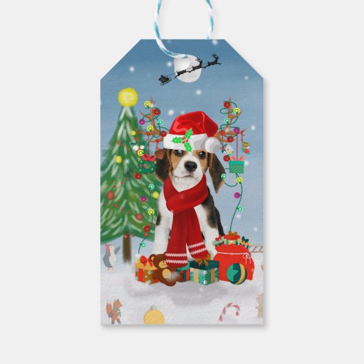 Beagle Dog in sneeuw met kerstcadeaus Cadeaulabel (Achterkant)