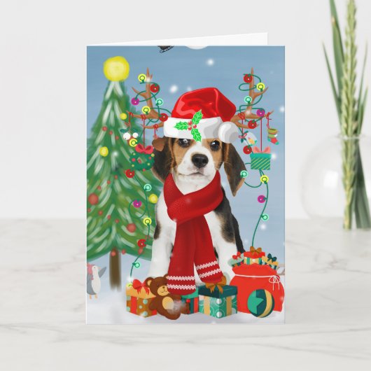 Beagle Dog in sneeuw met kerstcadeaus Kaart (Voorkant)