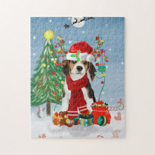 Beagle Dog in sneeuw met kerstcadeaus Legpuzzel