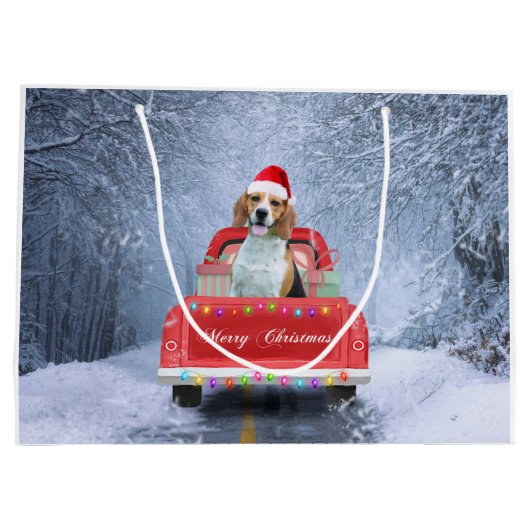 Beagle Dog in sneeuw, met kersttruck Groot Cadeauzakje (Achterkant)