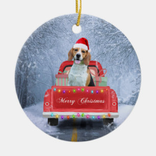 Beagle Dog in sneeuw, met kersttruck Keramisch Ornament