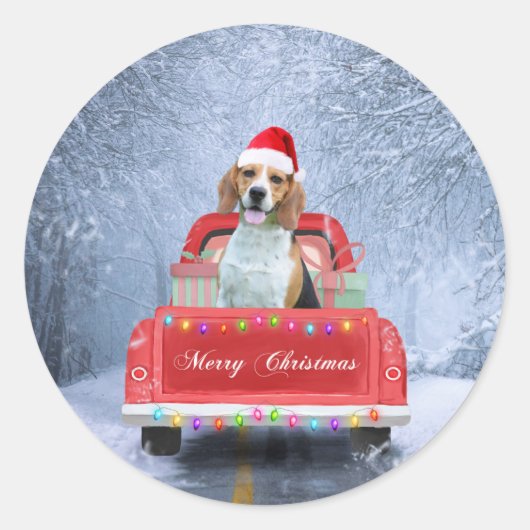 Beagle Dog in sneeuw, met kersttruck Ronde Sticker (Voorkant)
