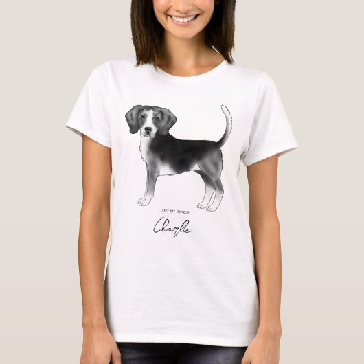 Beagle Dog in zwarte, witte en aangepaste tekst T-shirt (Voorkant)