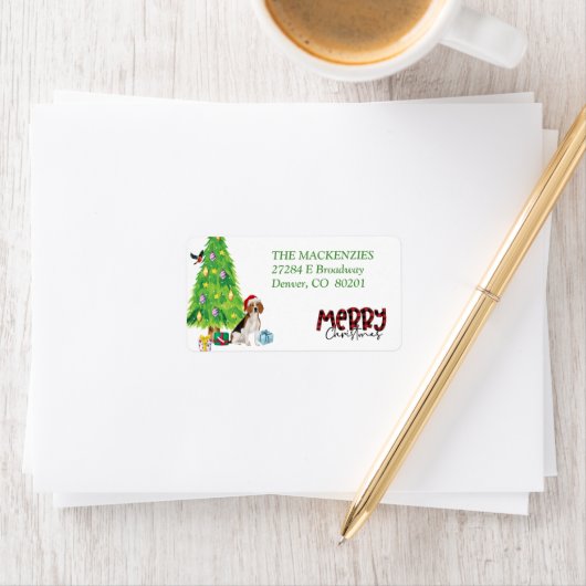 Beagle Dog, kerstboom en vogelretour Etiket (Insitu)