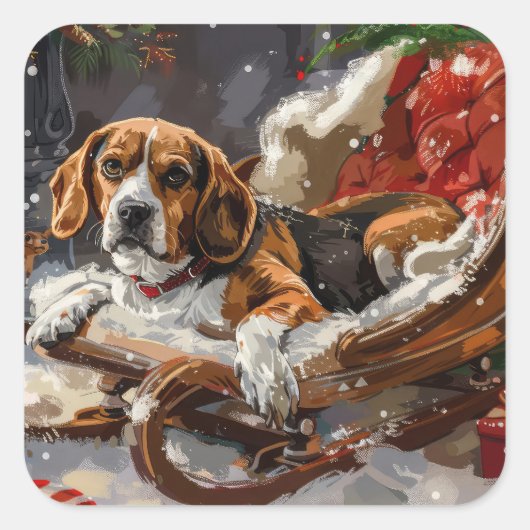 Beagle Dog Kerstfeest Vierkante Sticker (Voorkant)