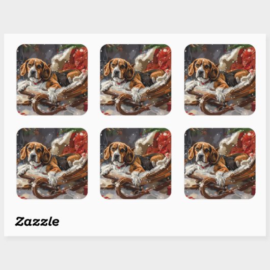 Beagle Dog Kerstfeest Vierkante Sticker (Vel)