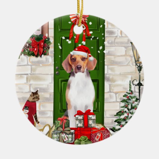 Beagle Dog Kerstmis Keramisch Ornament (Voorkant)