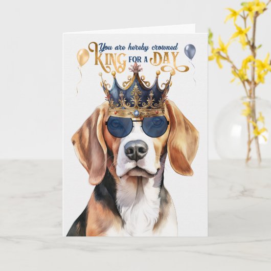 Beagle Dog King voor een dag grappige verjaardag Kaart (Gele Bloem)