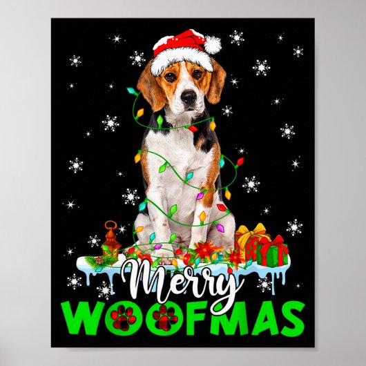 Beagle Dog Merry Woofmas Funny Xmas Lights Santa H Poster (Voorkant)