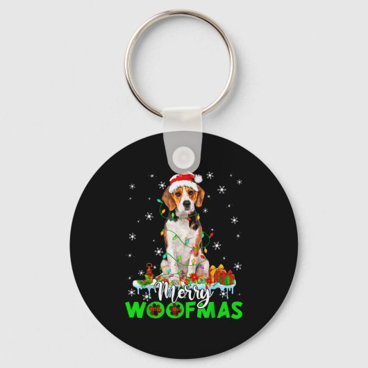 Beagle Dog Merry Woofmas Funny Xmas Lights Santa H Sleutelhanger (Voorkant)