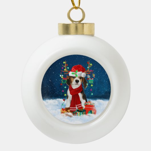 Beagle dog met kerstcadeaus keramische bal ornament (Voorkant)