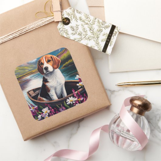 Beagle Dog op een peddel: Een Schilderachtig avont Vierkante Sticker (Geschenken)