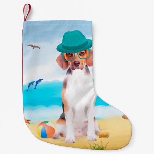 Beagle Dog op strand Kleine Kerstsok (Voorkant)