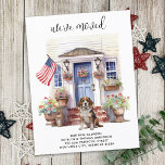 Beagle Dog Patriottische Gepersonaliseerde Huisdie Aankondigingskaart<br><div class="desc">Kondig uw verhuizing aan naar familie en vrienden met onze patriottische bewegende aankondiging met een prachtig schilderij van een Beagle waterverf, modern huis met een blauw portier en de Amerikaanse vlag trots getoond op de voorveranda. Deze aankondiging is ideaal voor hondenliefhebbers en iedereen die zijn nieuwe adres wil aankondigen. Met...</div>