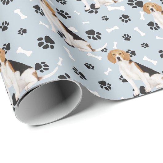 Beagle Dog Paw Print Pattern op Silver Blue Cadeaupapier (Rol Hoek)