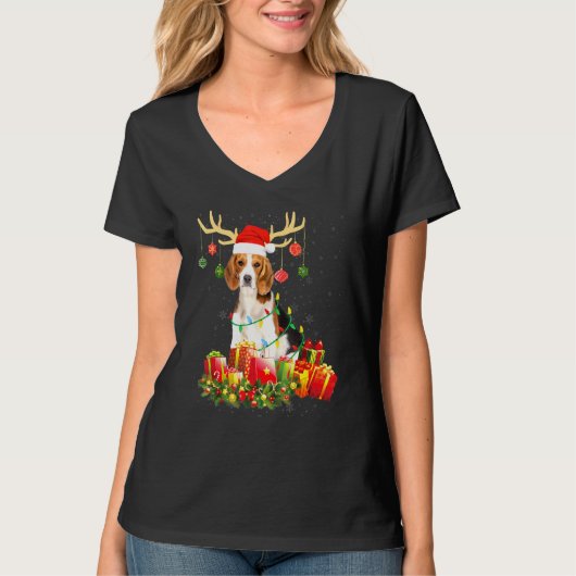 Beagle Dog Rendier Santa Hat Kerstlicht Kerstmis T-shirt (Voorkant)