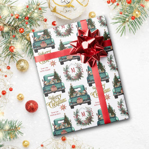 Beagle Dog Retro Truck Monogram Kerstmis Cadeaupapier