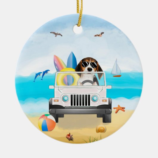 beagle Dog Rijden op strand Keramisch Ornament (Voorkant)