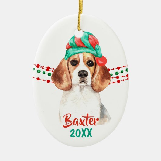Beagle Dog Santa Hat Holiday String Beads Keramisch Ornament (Voorkant)